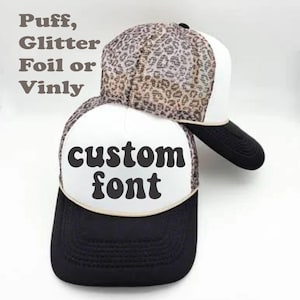 Leopard  Puff Mesh Back Cap, Custom Leopard Trucker Hat, Your Text, Puff Trucker Hat,   Trucker Hats/ Vacation Hats
