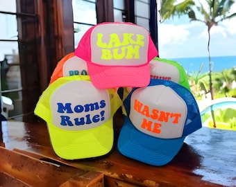 Puff Print Party Hats, Bachelor Party Hat, Crew Hat, Team Crew, Totally Customizable Trucker Cap / Pool Party / Beach Vacation,Neon Hats