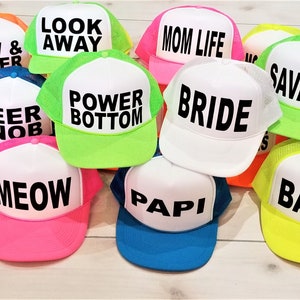 NEON PARTY HATS, Bachelorette Hat,Totally Customizable Trucker Cap / Pool Party / Vegas Miami / Beach Vacation / Bridesmaid Hat