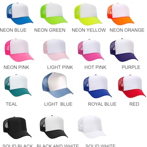May include: A collection of 14 trucker hats in various colors, including neon blue, neon green, neon yellow, neon orange, neon pink, light pink, hot pink, purple, teal, light blue, royal blue, red, solid black, and black and white.