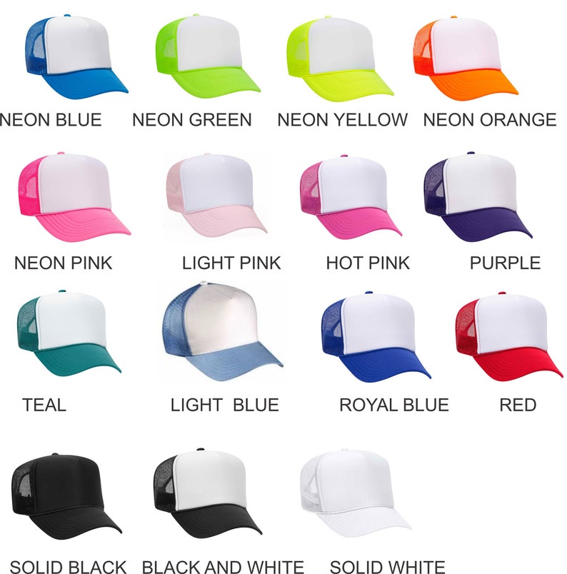 May include: A collection of 14 trucker hats in various colors, including neon blue, neon green, neon yellow, neon orange, neon pink, light pink, hot pink, purple, teal, light blue, royal blue, red, solid black, and black and white.