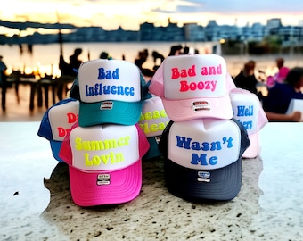 Puff Print Party Hats,, Crew Hat, Team Crew, Totally Customizable Trucker Cap / Pool Party / Beach Vacation,Neon Hats, Spring Break Hats