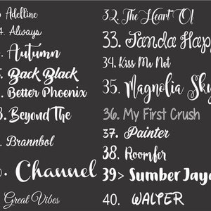 May include: A black and white image with a list of names, numbered 23 through 40. The names are written in a cursive font. The names include Adelline, Always, Autumn, Back Black, Better Phoenix, Beyond The, Brannbol, Channel, Great Vibes, The Heart Of, Tanda Happy, Kiss Me Not, Magnolia Sky, My First Crush, Painter, Roomfer, Sumber Jaya, and WALTER.