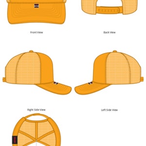 May include: A yellow trucker hat with a mesh back. The hat is shown from the front, back, right side, left side, and inside.