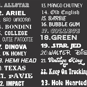 May include: A black and white image with a list of 23 names, each with a number in front of it. The names are written in a variety of fonts and styles.