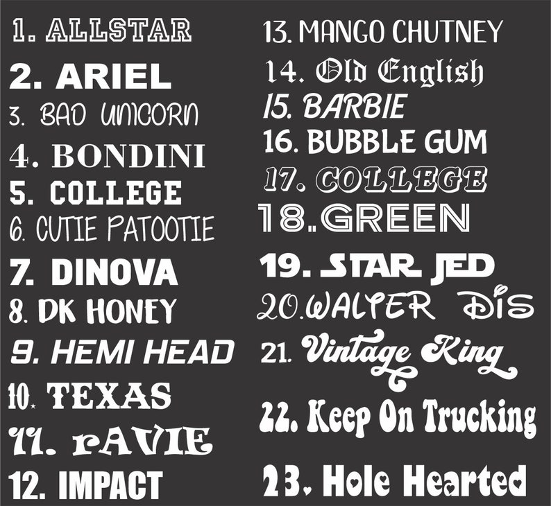 May include: A black and white image with a list of 23 names, each with a number in front of it. The names are written in a variety of fonts and styles.