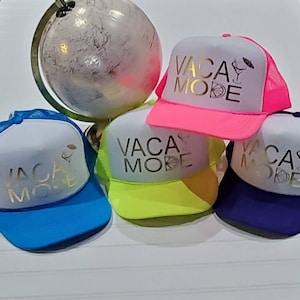 Vacay Mode Hat.  Vacay Hat. Vacay Glitter Hat.  Baseball and Trucker Hat, Glitter Trucker Hat, Foil Trucker Hat