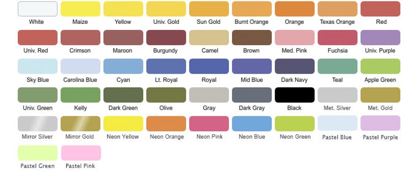 May include: A color chart with 48 different paint colors, including white, yellow, red, blue, green, brown, orange, pink, purple, gray, black, silver, and gold. The colors are arranged in rows and columns, with the names of each color printed below each swatch.