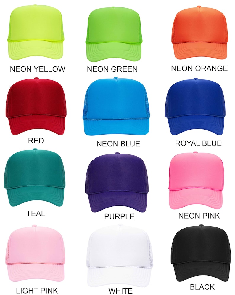 May include: Twelve trucker hats in various colors, including neon yellow, neon green, neon orange, red, neon blue, royal blue, teal, purple, neon pink, light pink, white, and black.