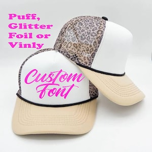 Leopard  Puff Mesh Back Cap, Custom Leopard Trucker Hat, Your Text, Puff Trucker Hat,   Trucker Hats/ Vacation Hats