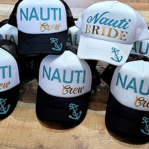 Nauti Crew Hat, Messy Bun Hat, High Ponytail Hat, BACHELORETTE PARTY HATS / Glitter Text Bridal Party Pool Vacation Drunk Tribe Bridesmaids