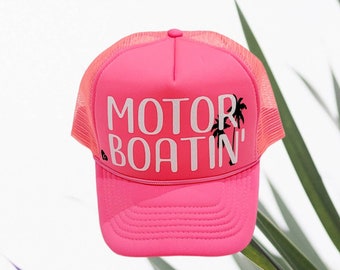 Motor Boatin, Pink and Black Trucker Hat,  Boat Hat, Lake Hat, River Hat.