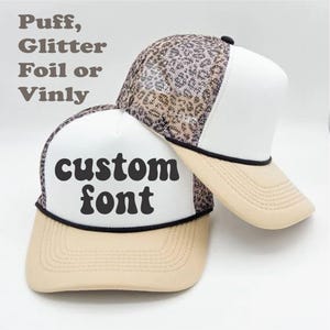 Leopard  Puff Mesh Back Cap, Custom Leopard Trucker Hat, Your Text, Puff Trucker Hat,   Trucker Hats/ Vacation Hats