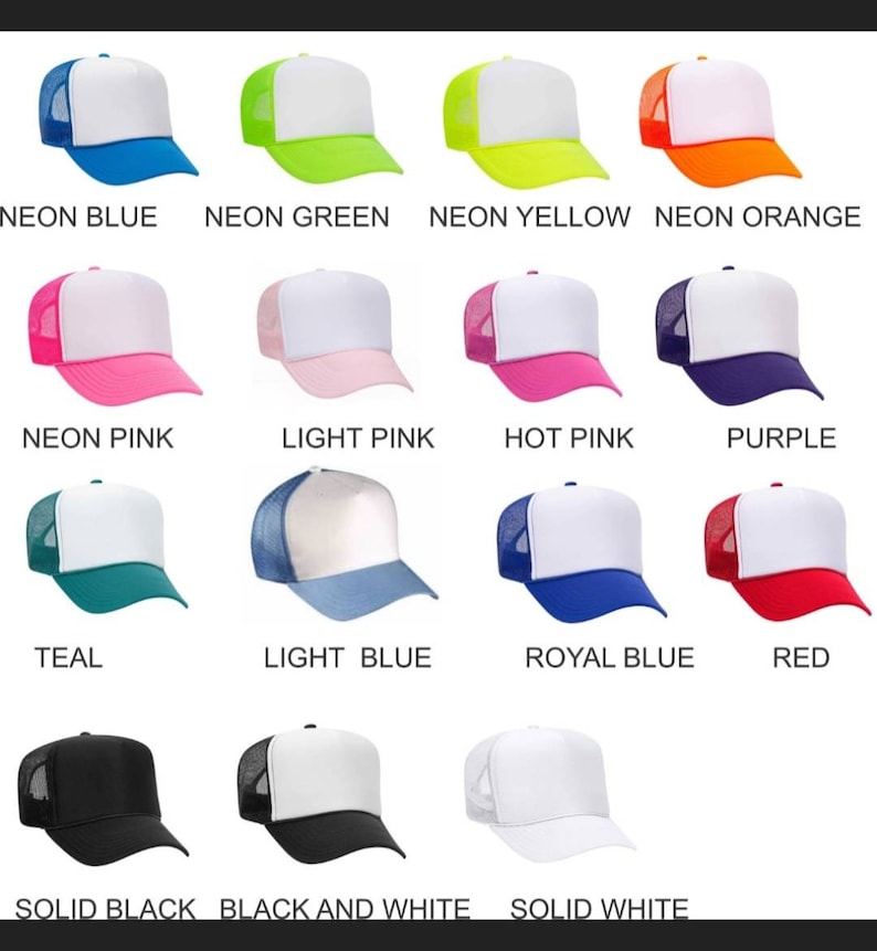 May include: A collection of 14 trucker hats in various colors, including neon blue, neon green, neon yellow, neon orange, neon pink, light pink, hot pink, purple, teal, light blue, royal blue, red, solid black, black and white, and solid white.