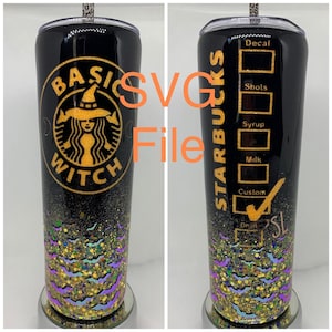 May include: A black and gold tumbler with a glitter design and a witch with a Starbucks logo. The tumbler has a Starbucks order form with checkboxes for decaf, shots, syrup, milk, and custom.