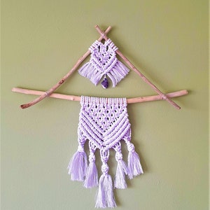macrame driftwood hag stone wall hanging. Holey stone protection amulet.