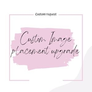 May include: A pink watercolor-style background with the text "Custom Image placement upgrade" in black cursive font.