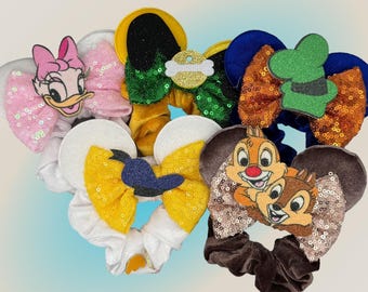 Mickey&#39;s Gang Mouse ear scrunchies - Pluto, Chip and Dale, Daisy, Donald, Goofy