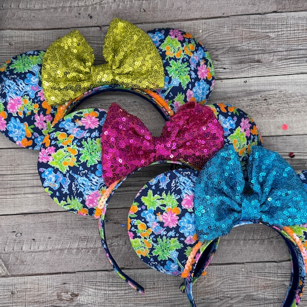 Orejas de verano de flores de ratón y Minnie - Inspiradas en LP, ratón, castillo, Reino Mágico, azul marino 2024