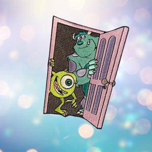 May include: Embroidered patch featuring Mike Wazowski and Sulley from Monsters, Inc. Mike, a lime green cyclops, peeks from behind a pink door, while Sulley, a large teal monster, stands behind the door. The patch is a rectangular shape.