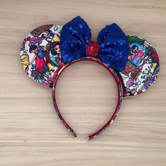 Disney Snow White Themed Minnie Ears Sequin Headband with Blue Bow Disney-100th Snow White Headband Blue Bow Minnie Ears  main image 4