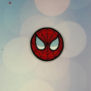 May include: A circular embroidered patch featuring a red background with a black web pattern and two large, white, almond-shaped eyes outlined in black. The patch has a thick black border and a thin white outer edge, creating a distinct emblem.