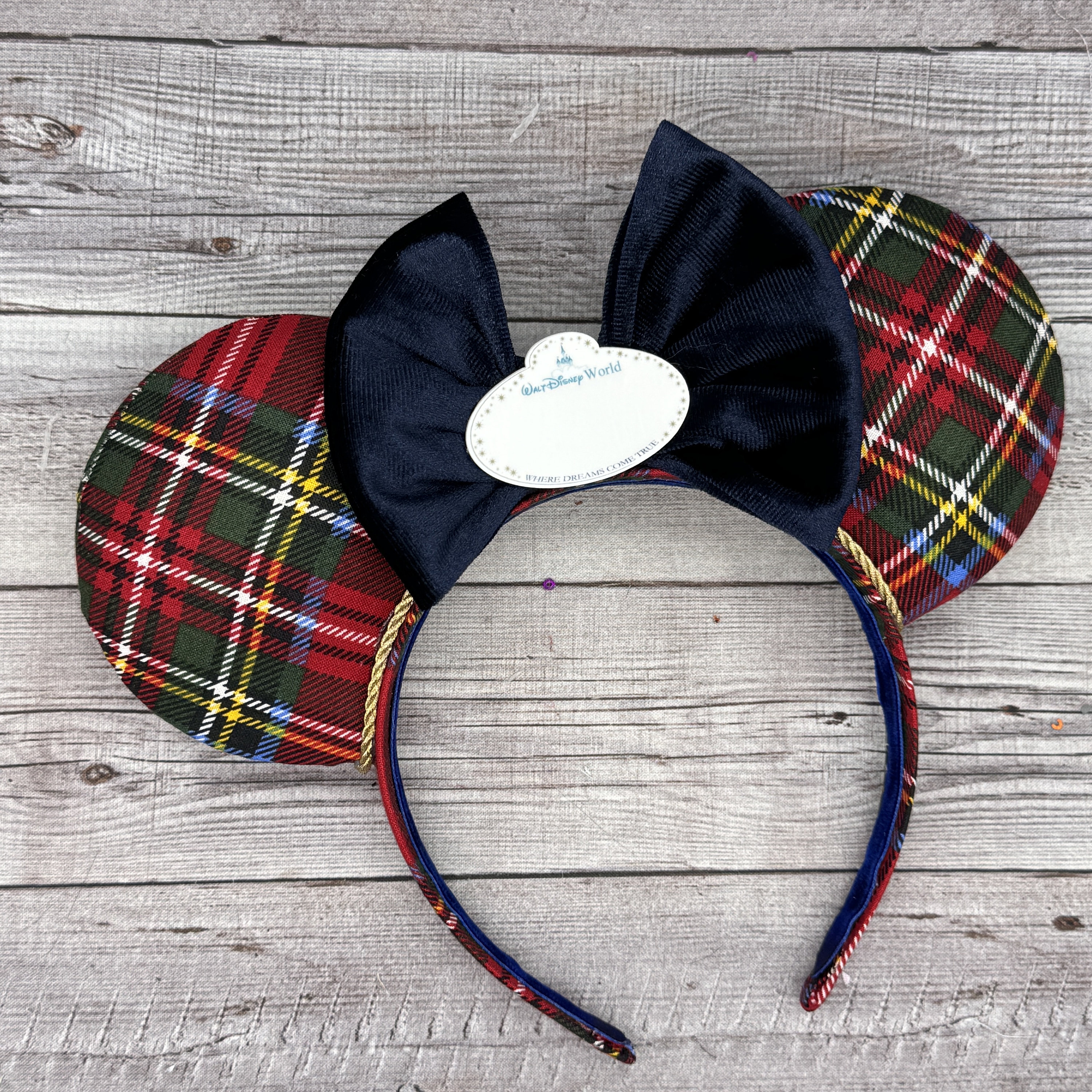 Plaid Mouse Ears – Tartan Flannel, Navy Velvet Bow  display picture 3