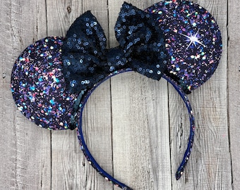 Set of 2 Minnie Mouse Ear Headbands Black Sequin, Blue Glitter Classic Black Green Disney Minnie and Mickey Inspired Mouse  main image 3