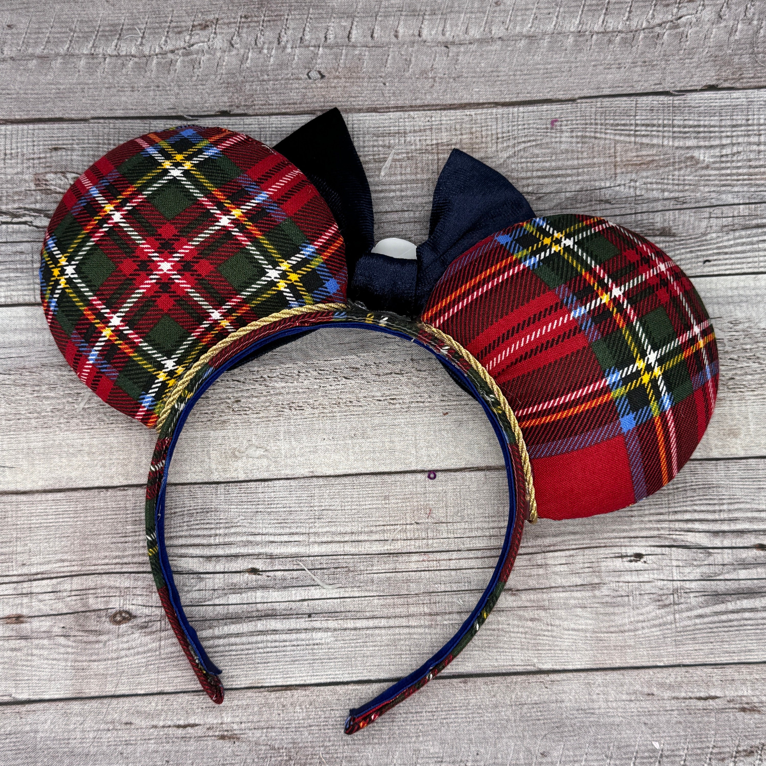 Plaid Mouse Ears – Tartan Flannel, Navy Velvet Bow  display picture 1