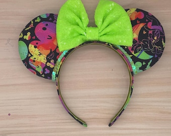 Ready to Ship - Neon Halloween Mouse Ears: Spiderweb, Jack o Lantern, Sequin Trim