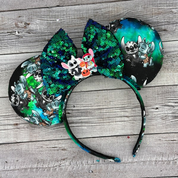 Stitch & Angel As Jack and Sally Ears -Minnie Mouse, Sully, Villains, Oogie Bash,  Nightmare Before Christmas , Mouse,