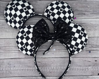 Checker Mickey Mouse Ears - Minnie, Mouse, black and white, lightning McQueen cars