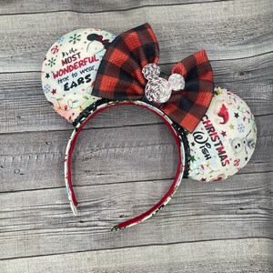 Most Wonderful time to Wear Ears - Minnie Mouse, Mouse, Xmas, lights, , merry Christmas, green, red, wreath, Flannel, Olaf, Holiday
