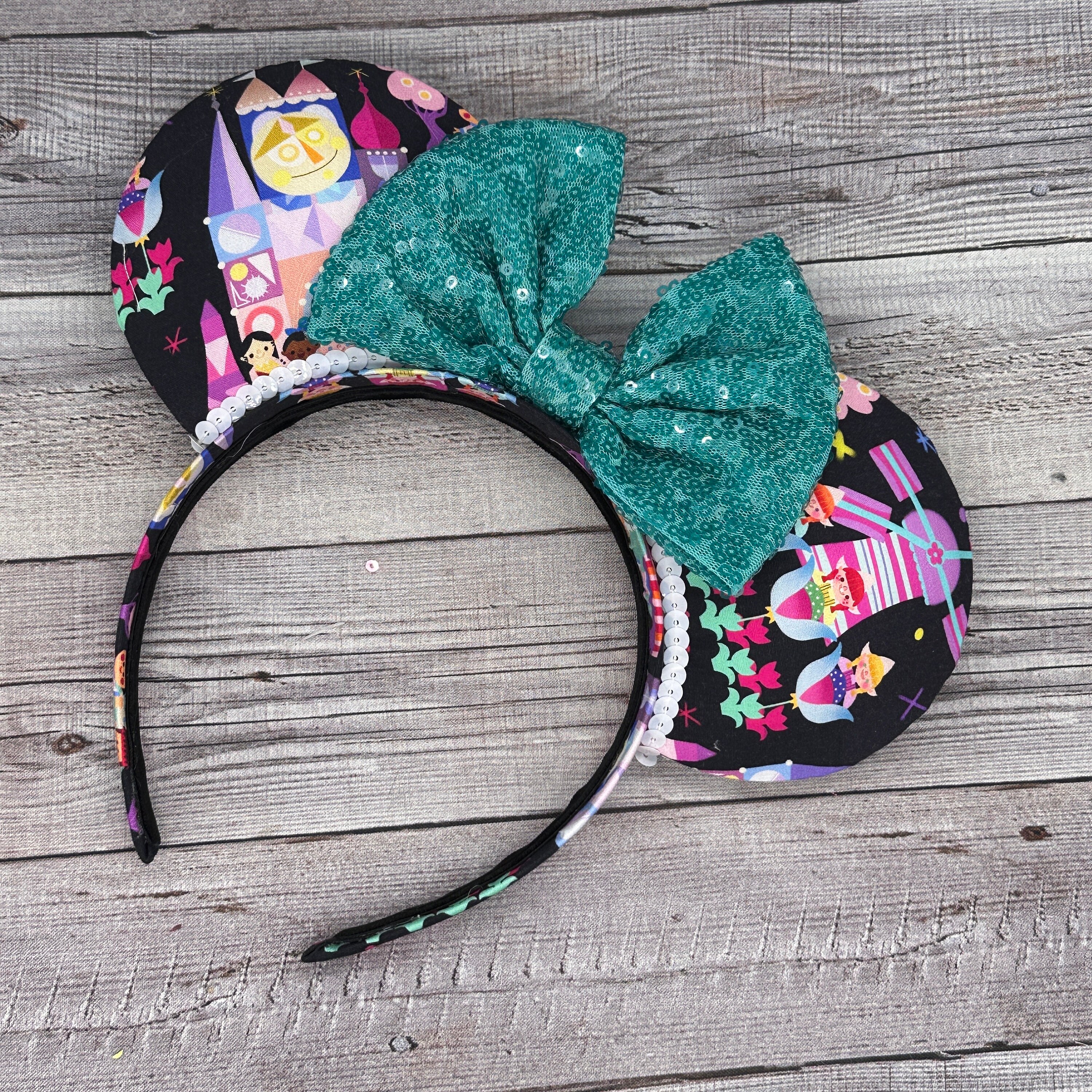 Small World Mouse Ears Headband – Teal Sequin Bow, Handmade 