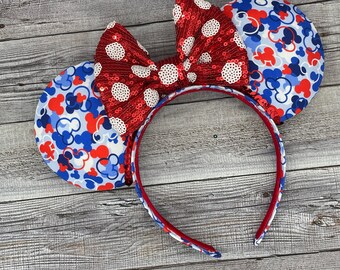 Disney Red and Blue Minnie Mouse Ears Headband Disney 4th of July Americana USA Flag Red White Blue Minnie  main image 3