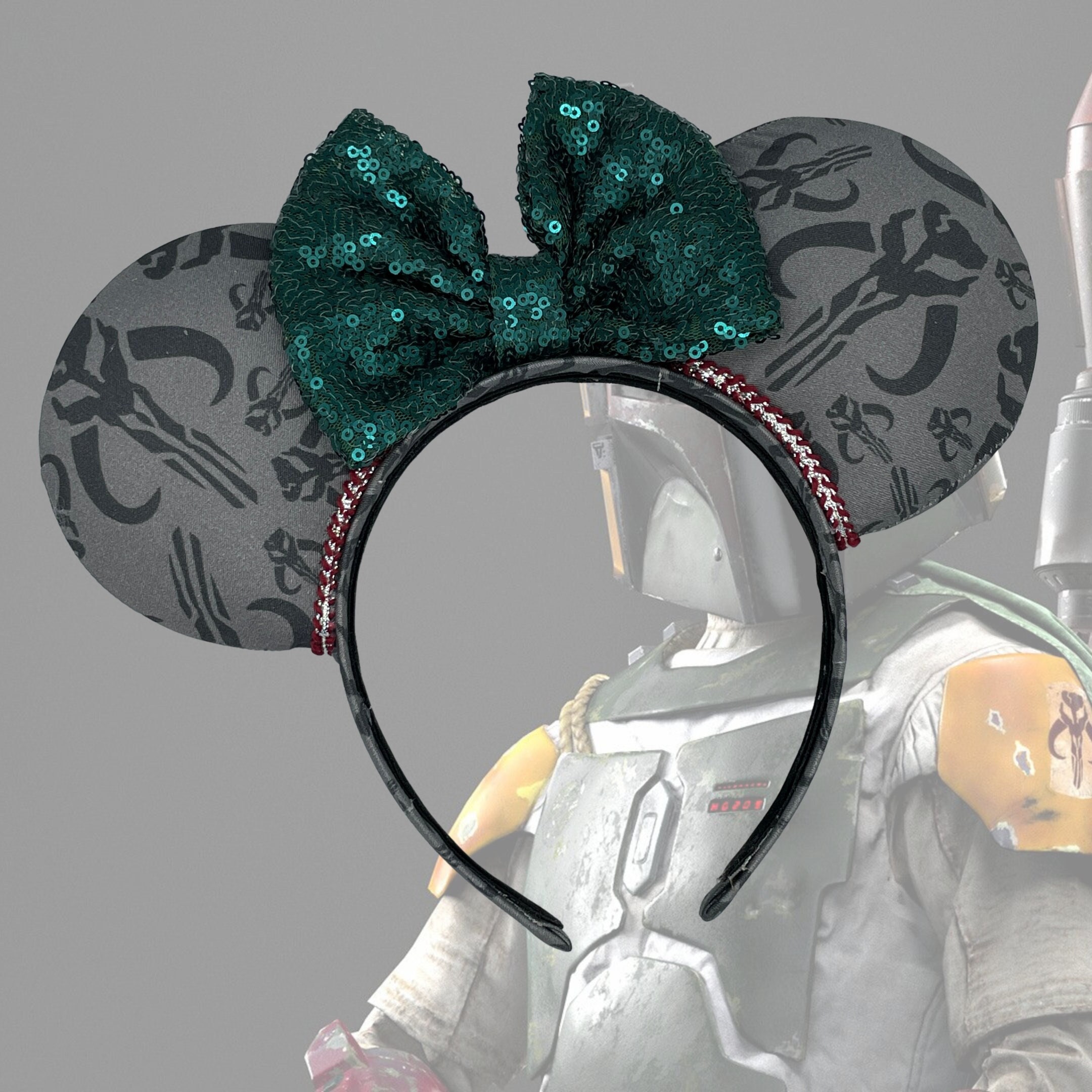 Disney Boba Fett Star Wars Mickey Mouse Ears Headband- New With Tags-Olive Green Mandalorian Star Wars Ears Headband With Sequin Bow | Mickey  main image 3
