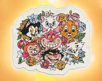 May include: A white embroidered patch featuring a group of cartoon cats surrounded by flowers. The cats include a black cat with white markings, a white cat with pink ears, a brown cat with orange markings, a white cat with black markings, a gray cat with a wide grin, and a red cat with white markings.
