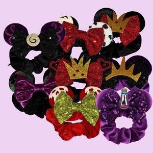 Lady Villains Mouse ear scrunchies -Villain, poison apple, ursula, cruella , maleficent, evil queen, queen of hearts, Yzma