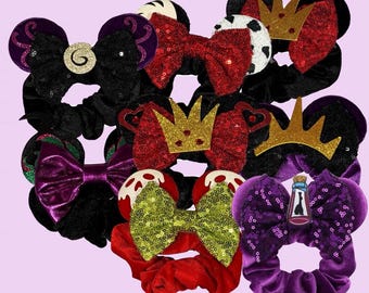 Lady Villains Mouse ear scrunchies -Villain, poison apple, ursula, cruella , maleficent, evil queen, queen of hearts, Yzma