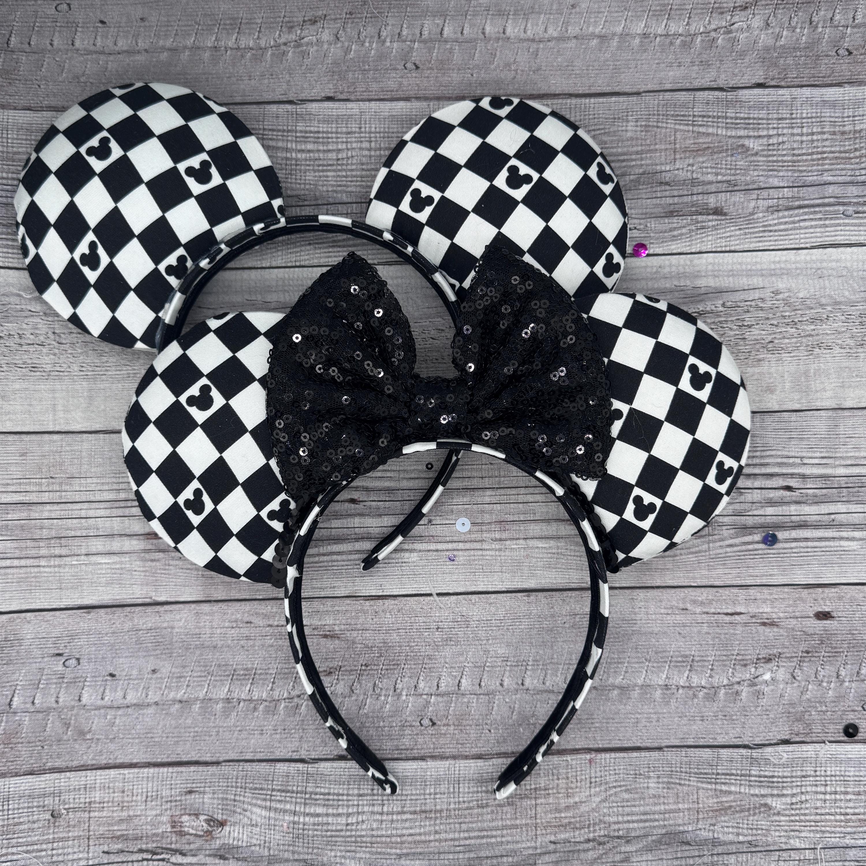 Disney Halloween Minnie Mouse Corduroy Black White Plaid Ears Headband NEW! 3 Orange and White Plaid Minnie Mouse Ears for Fall/autumn  main image 2