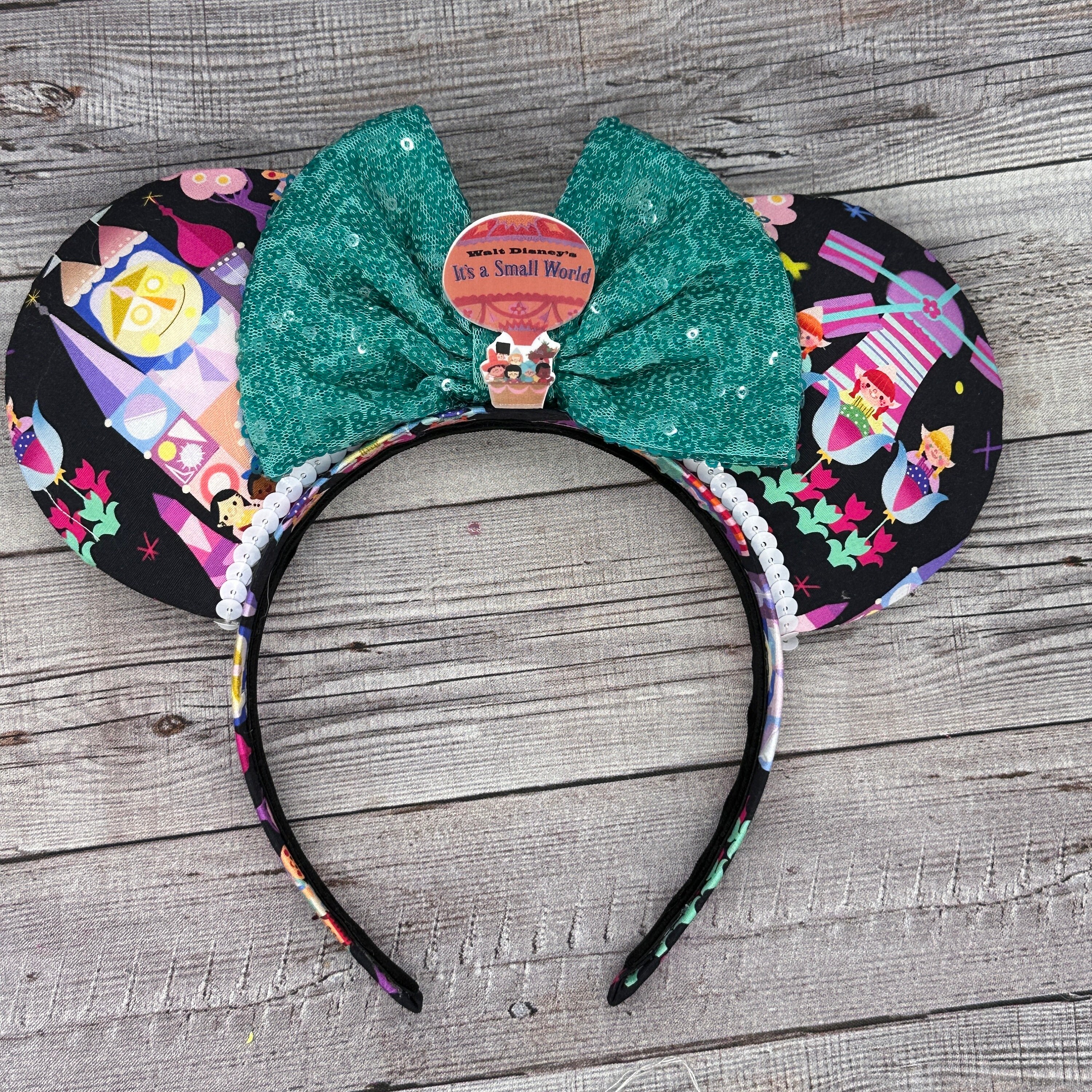 Small World Mouse Ears Headband – Teal Sequin Bow, Handmade  display picture 2