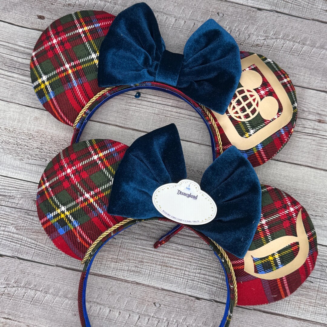 Plaid Mouse Ears – Tartan Flannel, Navy Velvet Bow  display picture 1