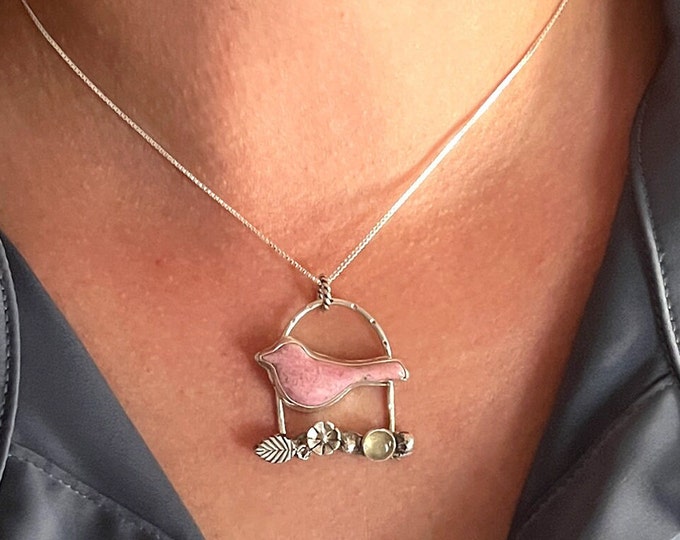 Rhodonite Carved Bird and Silver Necklace