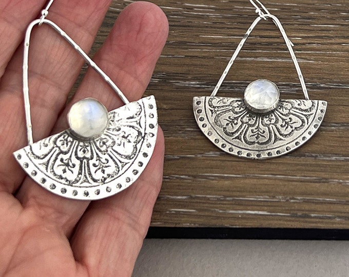 Rainbow Moonstone Mandala Silver Earrings