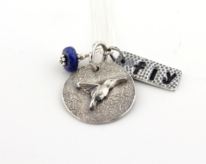 Hummingbird Charm Necklace with Faceted Lapis