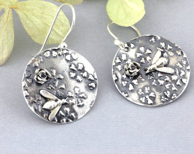 Silver Bee and Flower Earrings