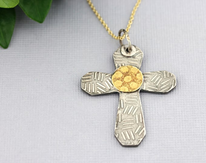 Silver and Gold Mixed Metal Cross necklace, Keum boo Cross with Dots and Dashes, Religious Jewelry