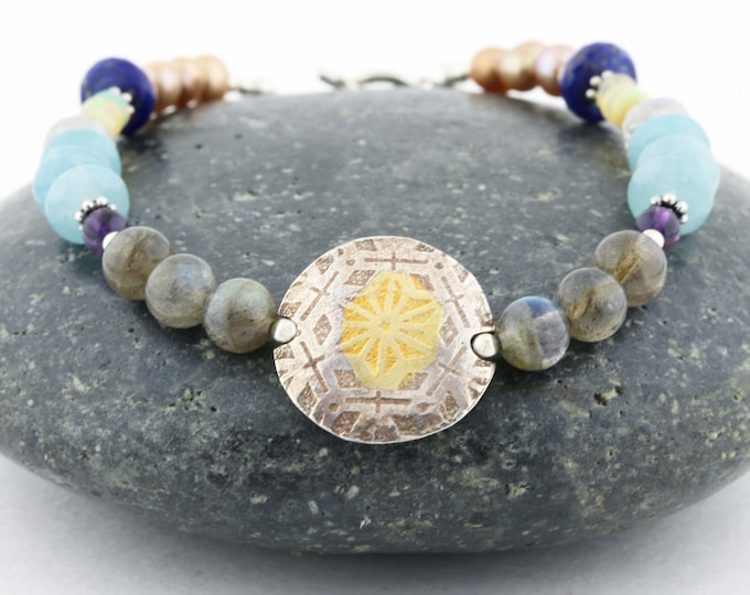 Beaded Gemstone Bracelet with Silver Medallion