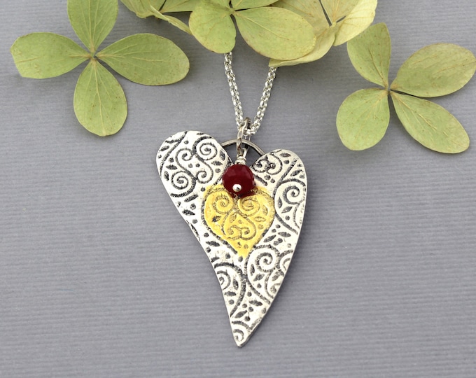 Heart Pendant in Silver and Gold with Ruby