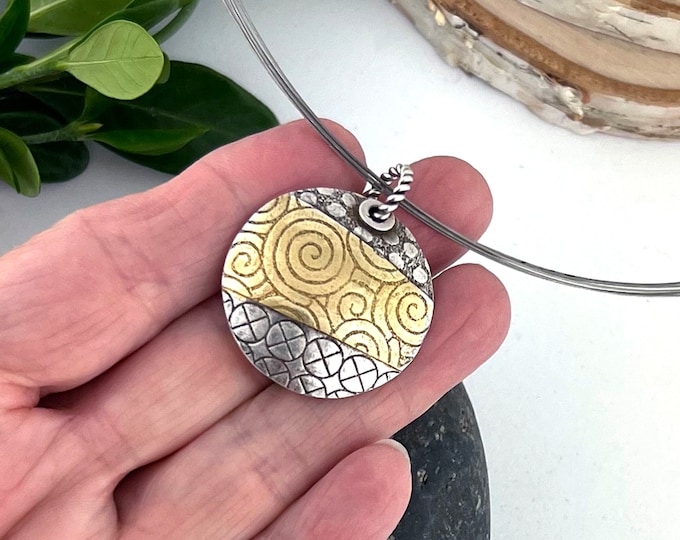 Silver and gold mixed metal pendant necklace, Swirls and polka dots pendant, Keum boo pendant, Lentil bead, Gift for her